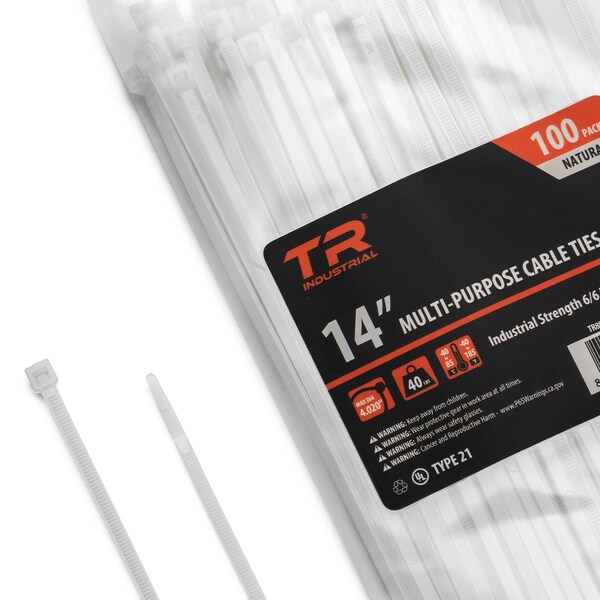 Cable Tie, 14 in L, Natural, Nylon 6/6, 40 lb Strength, 200 PK